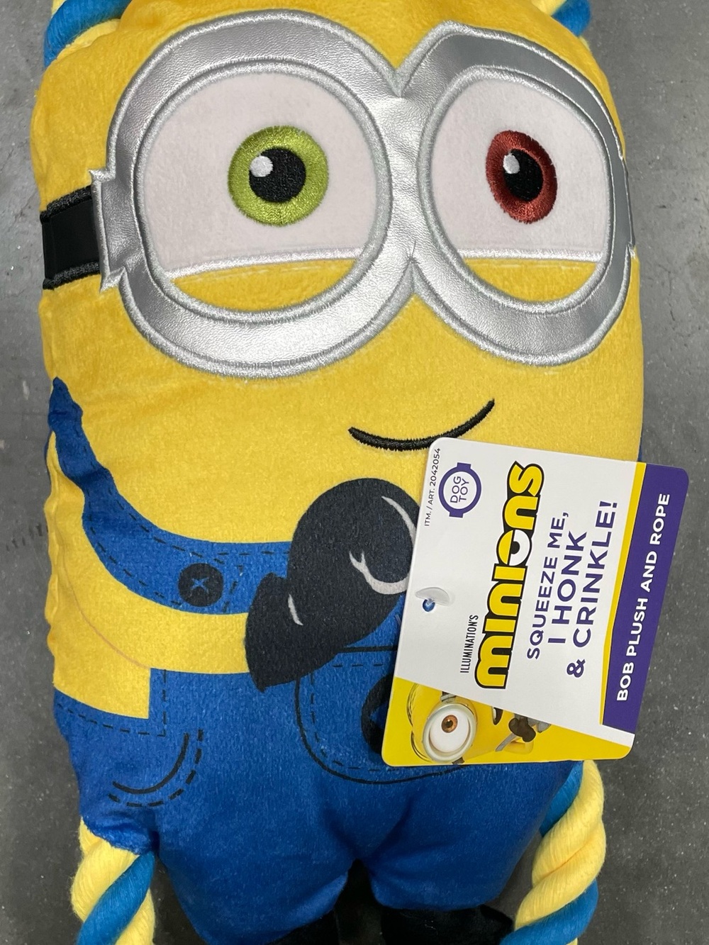Minions Bob Yellow & Blue Plush Dog Toy with Rope - Squeeze & Crinkle